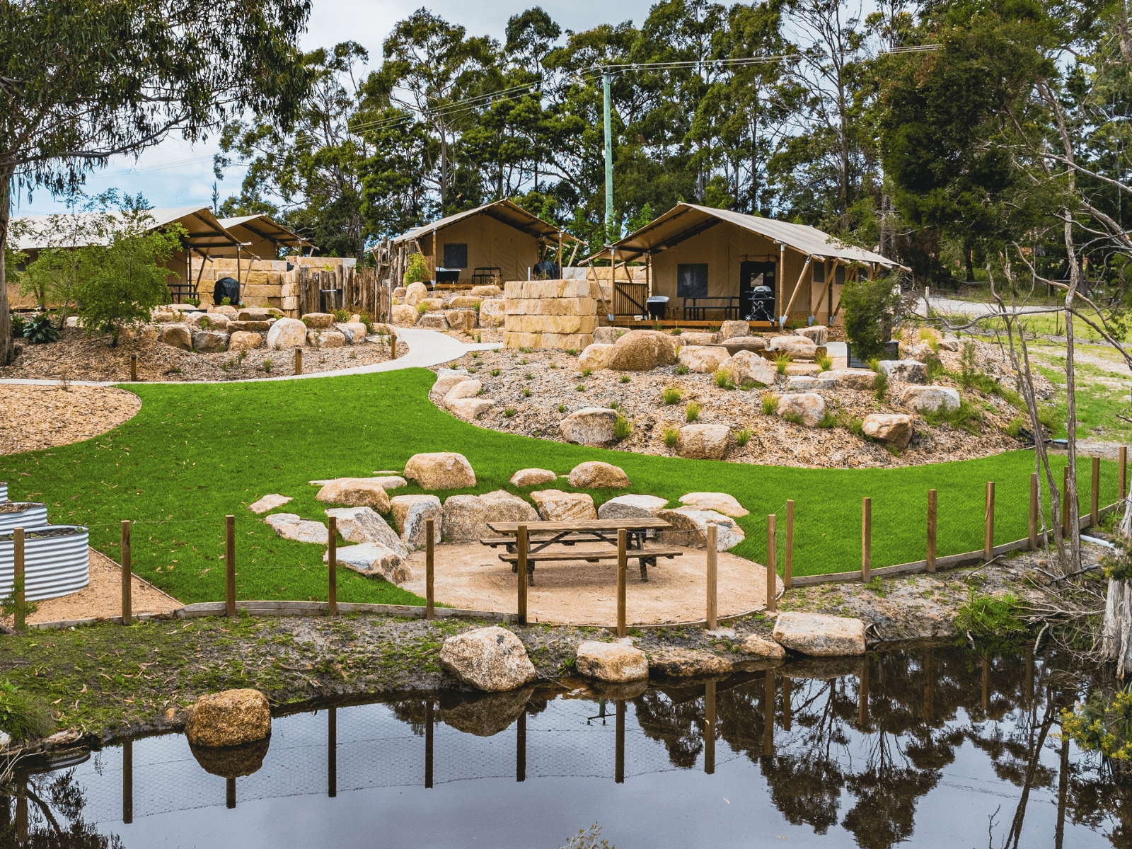 Glamping 148 Tasmania offers 6 glamping tents in a private oasis adjacent to BIG4 Tassie Getaway Parks St Helens