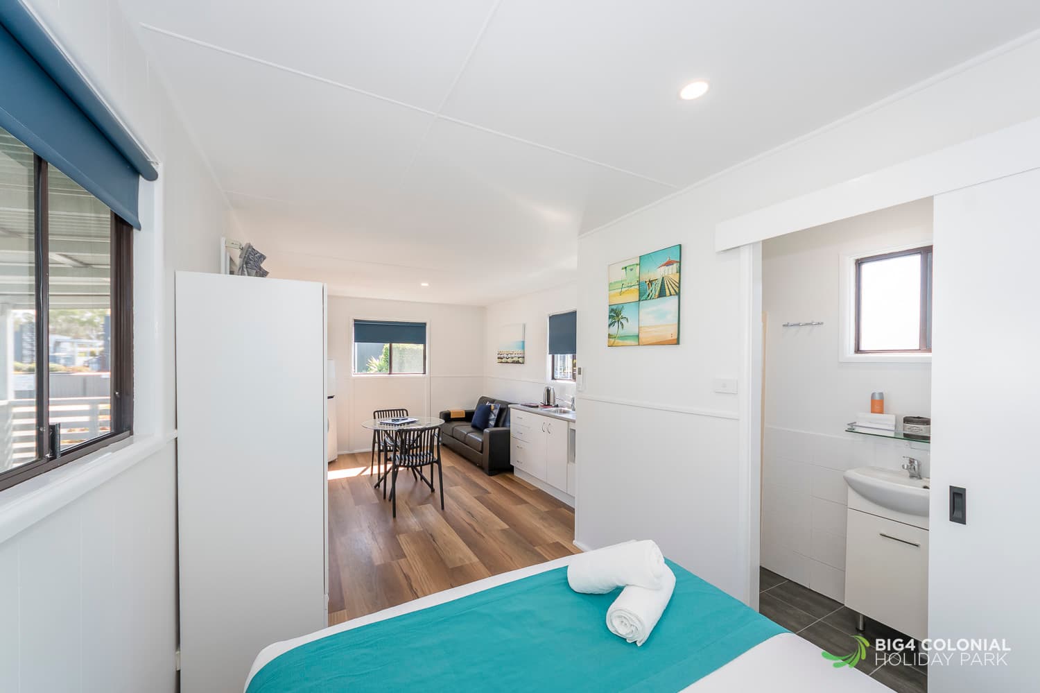 Queen bed in our studio cabins. 
