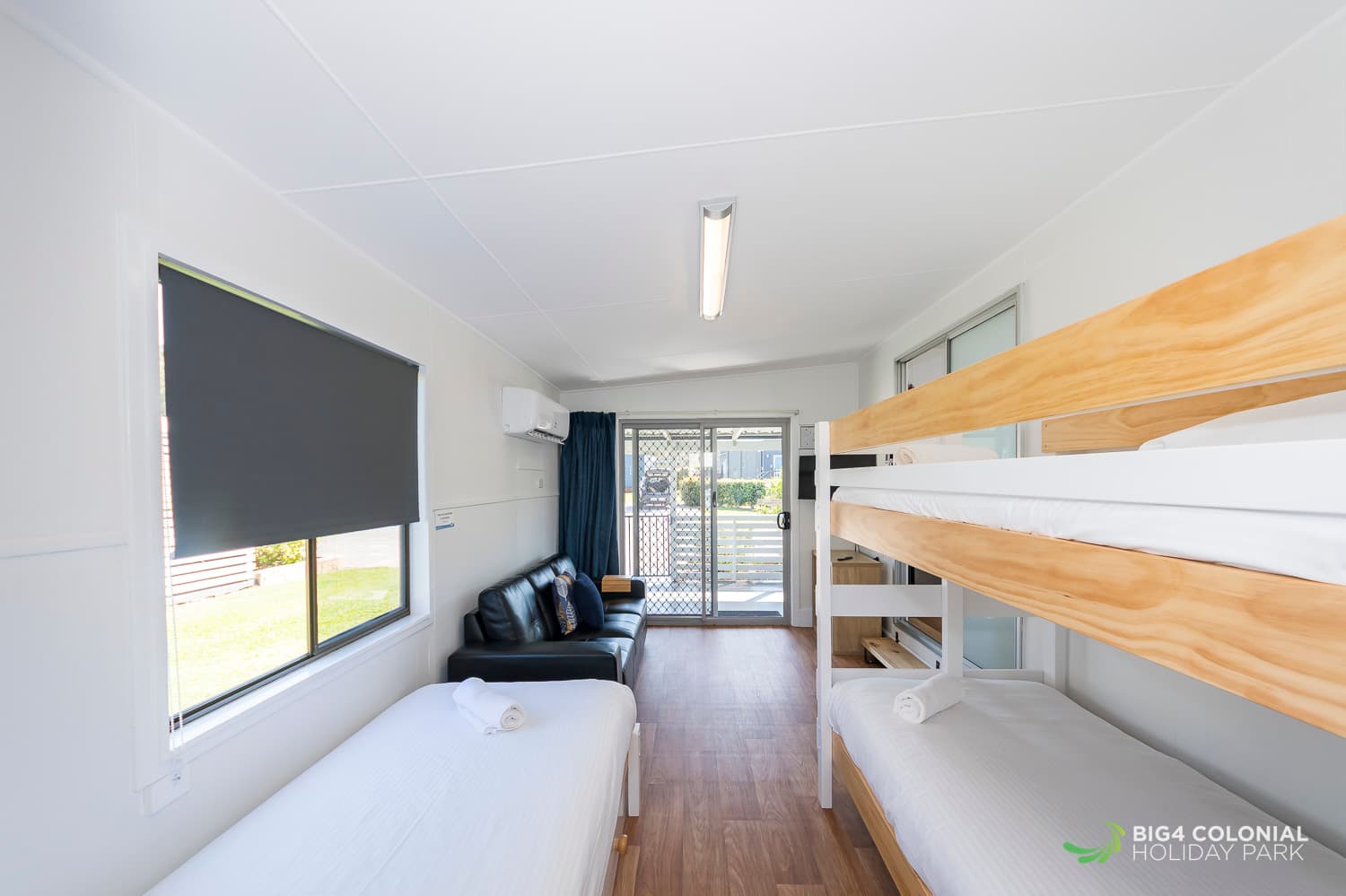 Single bed and single bunk in two room studio cabins. 