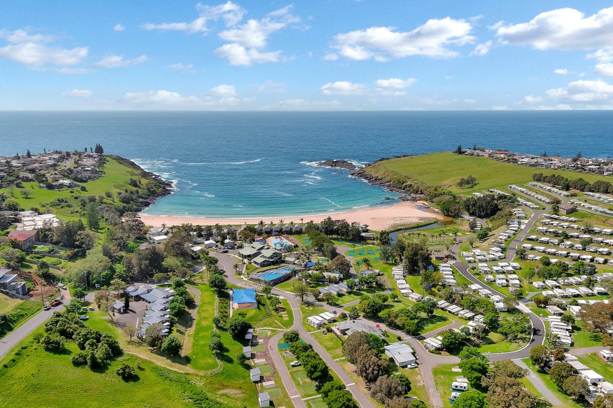 Aerial view looking east over BIG4 Easts Beach Kiama