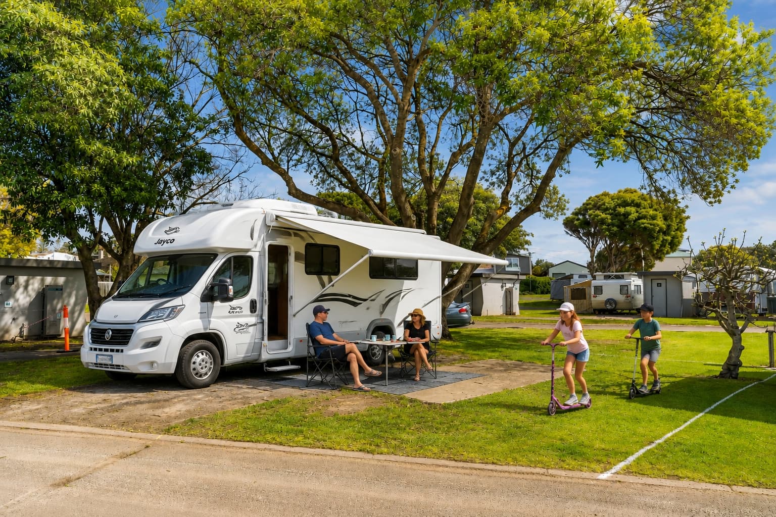 Ensuite Slab Site with a private bathroom including shower. toilet and vanity. Powered with 15amp power, water and sullage connections. Enjoy added comfort for caravans and motorhomes at Tasman Holiday Parks Warrnambool. Please note these sites are not suitable for tents.