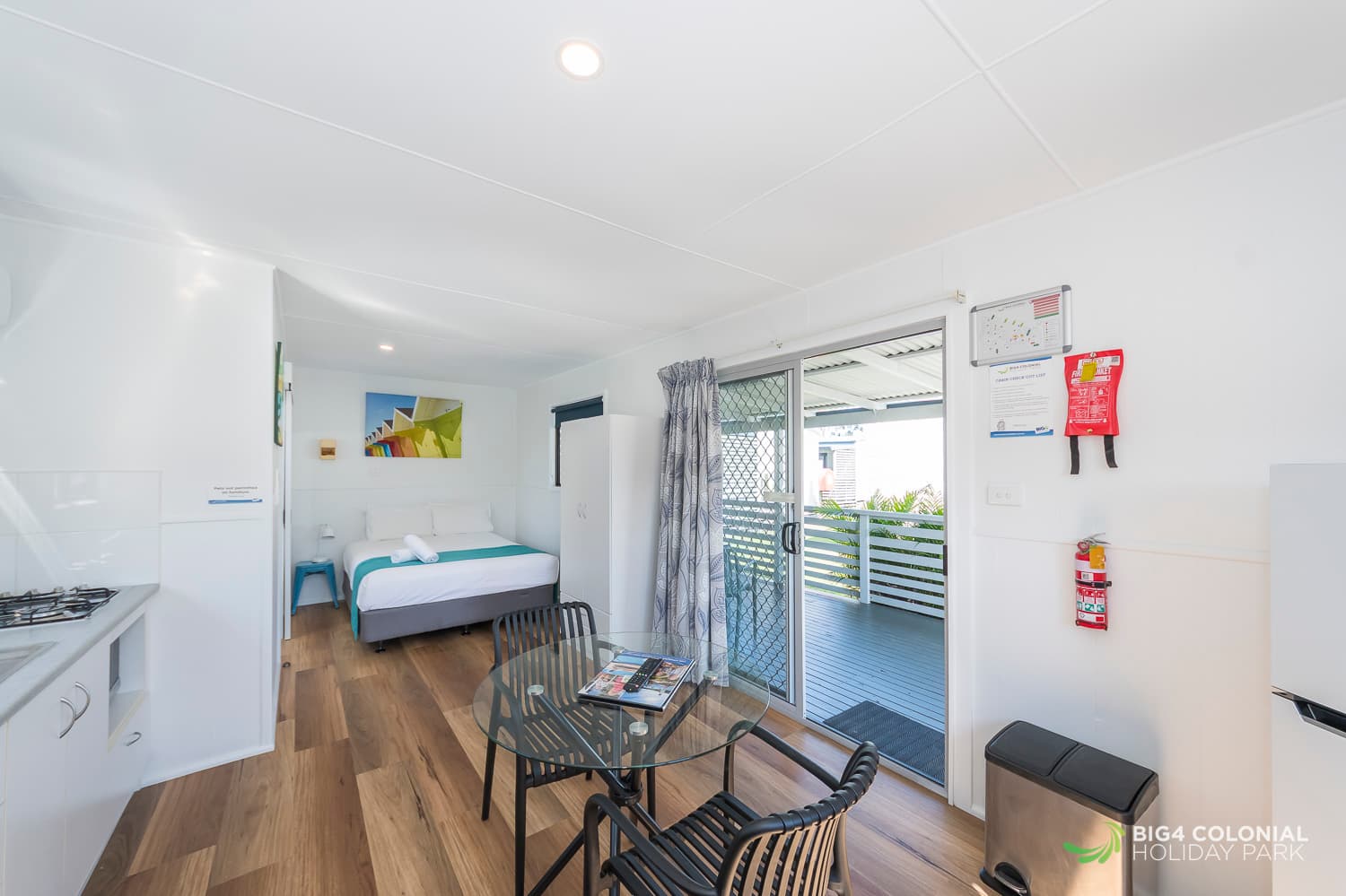 Large verandah and spacious living area of studio cabin. 